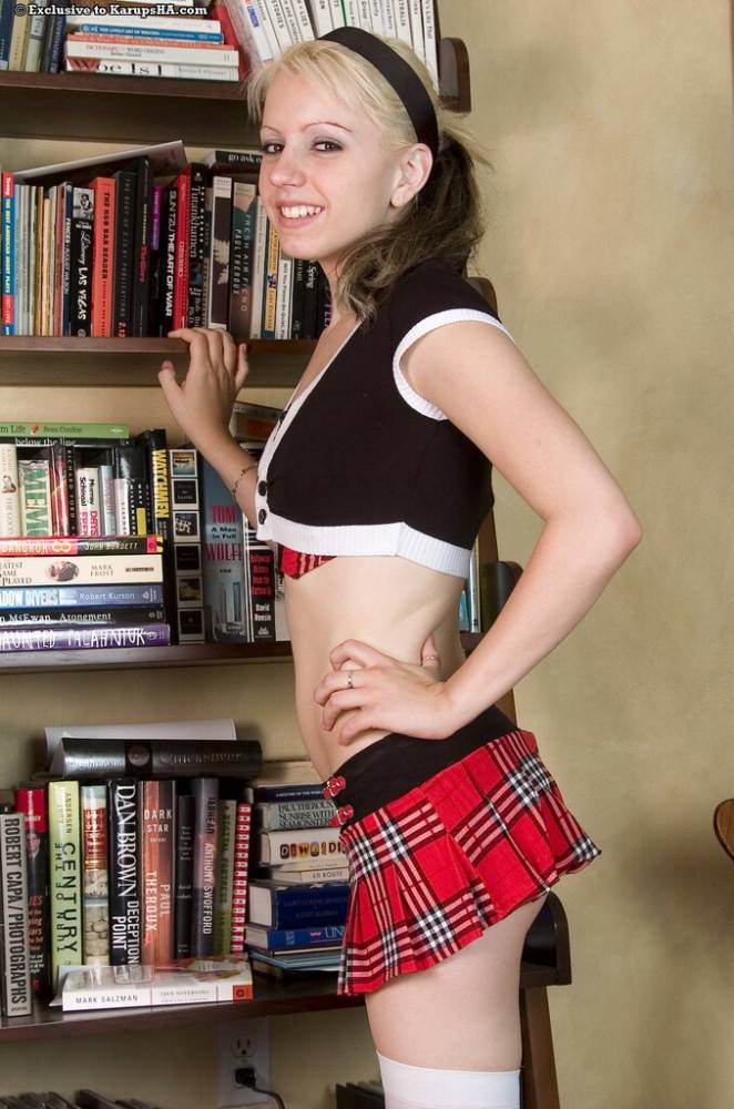 Sweet Lexi Belle In Red Plaid Uniform And White Stockings Exposes Her Smooth Snatch - #2
