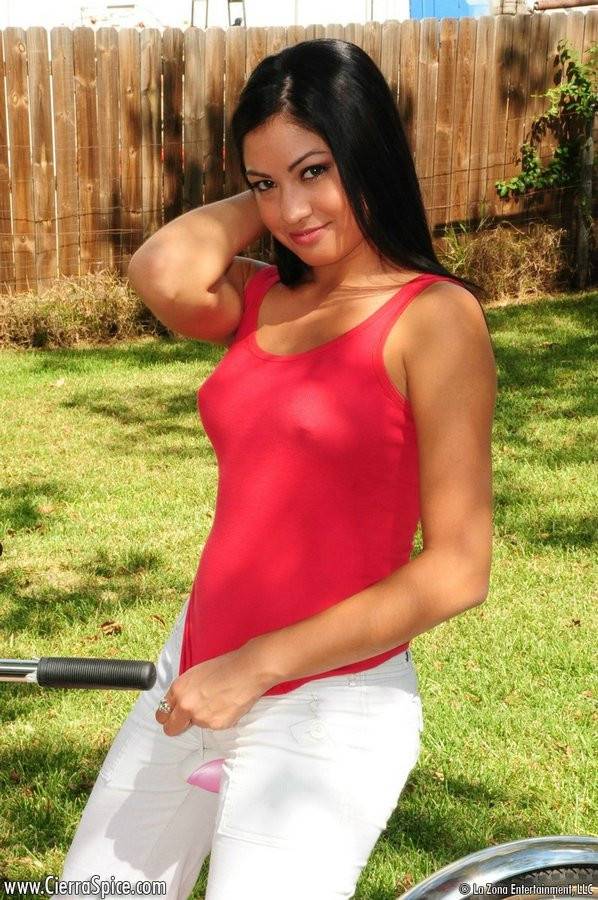 Dishy Latina Girl Cierra Spice Does Striptease On A Bicycle In The Backyard - #6