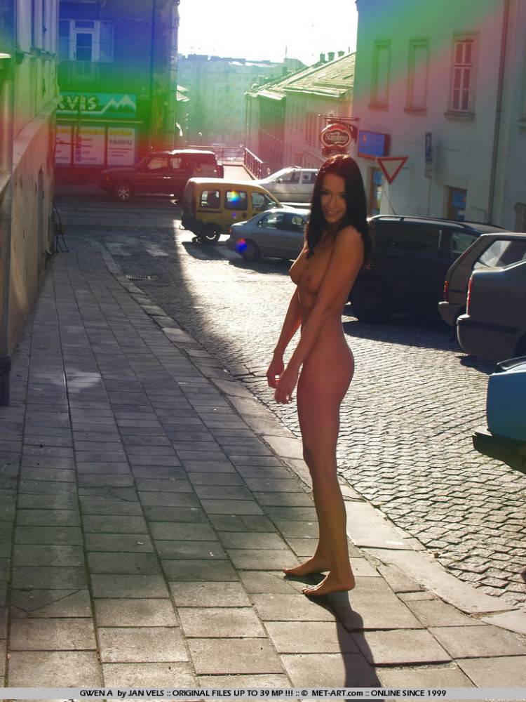 Frisky Brunette Babe Gwen A Feels Free Walking In The Streets And Riding A Bike Naked - #15