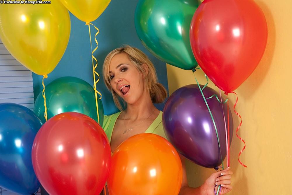 Blonde Louise Rose Takes Off Her Pink Panties And Plays With Dildo Among Balloons - #2