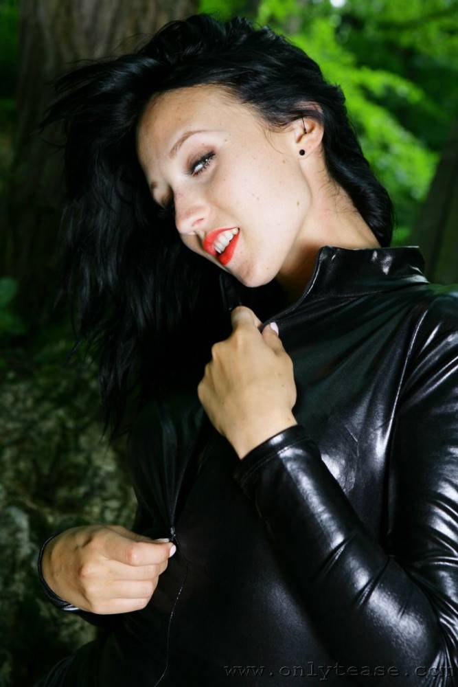 Brunette Penelope Pulls Down Her Tight Black Latex Suit Somewhere In The Forest - #7