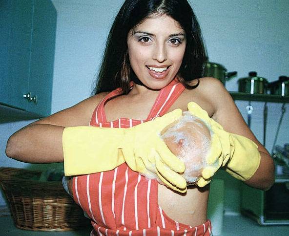 Naughty Housewife Kerry Marie In Yellow Gloves Demonstrates Her Huge Jugs And Twat - #8