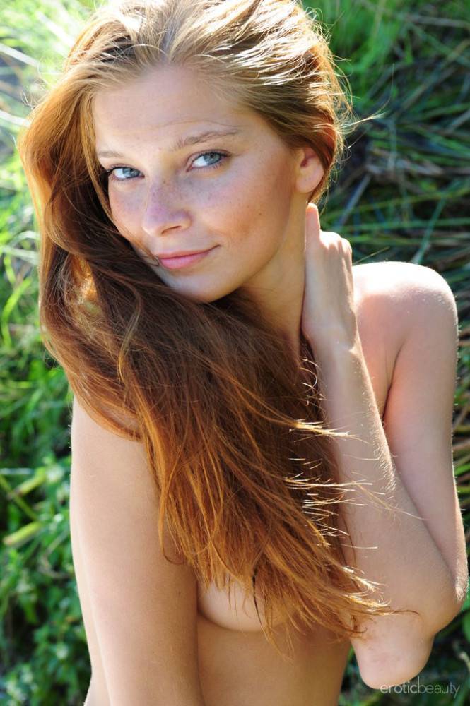 Glamorous redhead hottie Indiana A shows big titties and bald pussy outdoor - #16