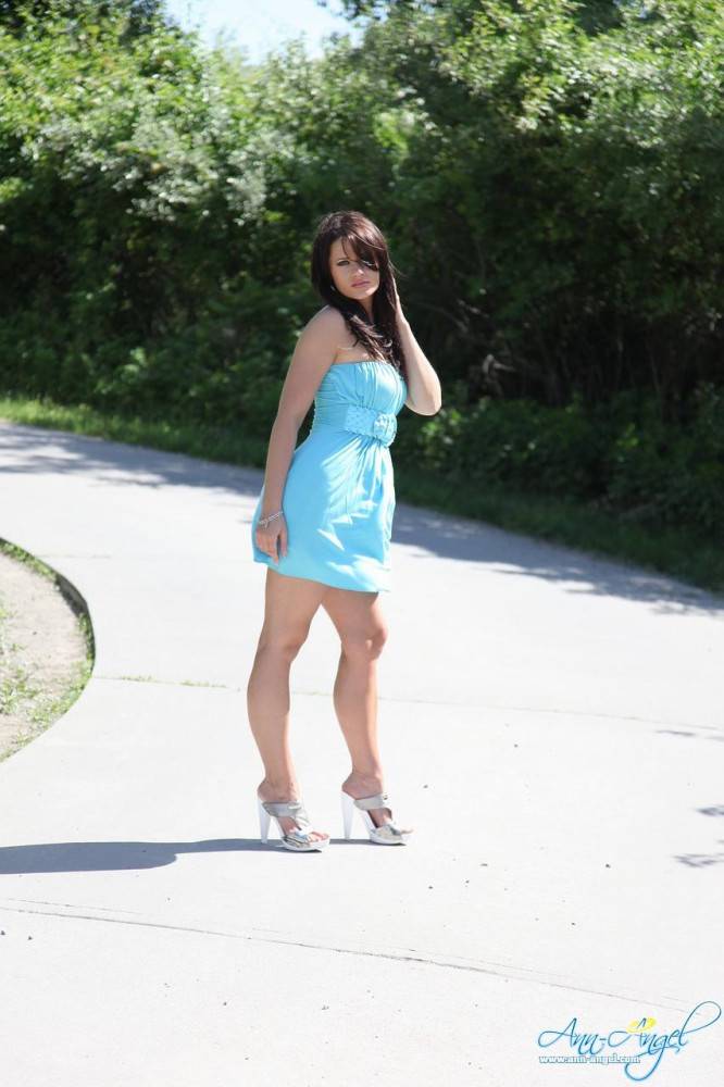 Brunette Ann Angel In Nice Blue Summer Dress Flashes Her Juicy Tits Outdoors - #12