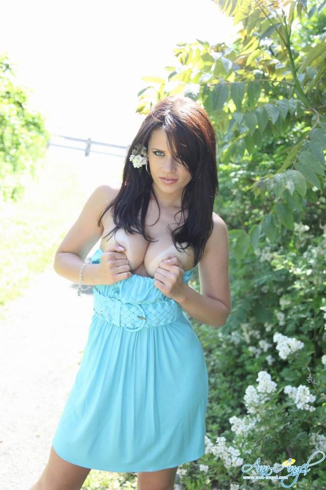 Brunette Ann Angel In Nice Blue Summer Dress Flashes Her Juicy Tits Outdoors - #7