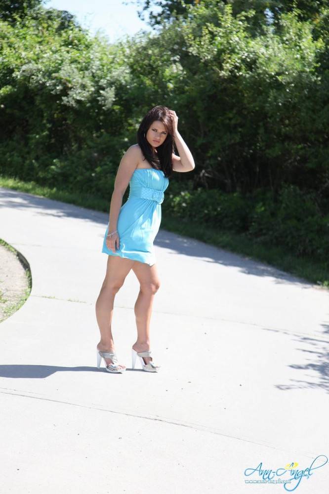 Brunette Ann Angel In Nice Blue Summer Dress Flashes Her Juicy Tits Outdoors - #11