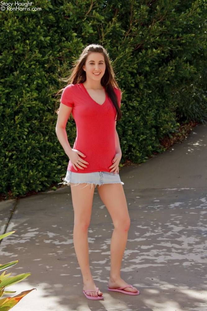 Teen Brunette Stacy Haught In Jean Mini Skirt Shows Her Tits And Slit Outdoors In The Morning - #1