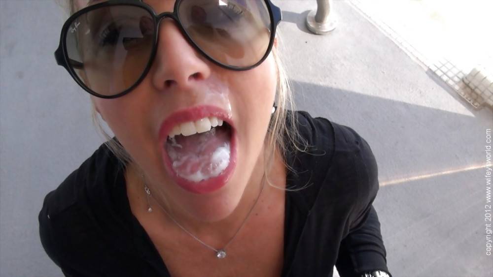 Sexy american wife Sandra Otterson in sexy glasses sucking on big cock and takes a cum blast in mouth - #12