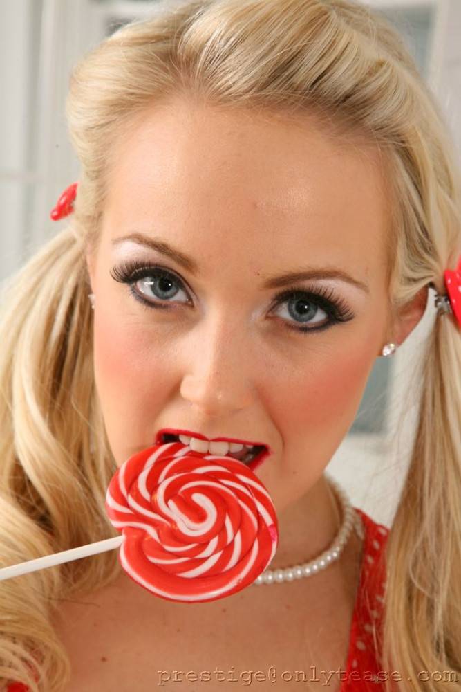 Pigtailed Blonde With Lollipop Lucy Anne Poses In Red And Shows Her Tits In The Bathroom - #2