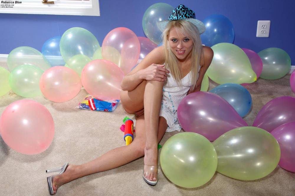 Kinky Blonde Babe Rebecca Blue Is Toy Fucking Pussy And Mouth Among The Balloons - #1
