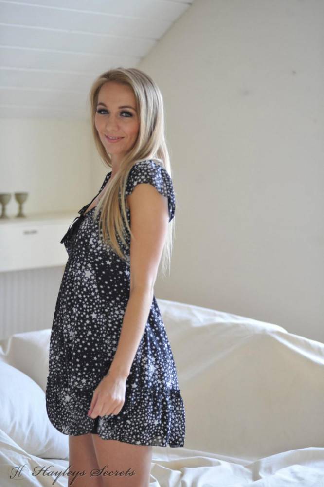 Beautiful Blonde Girl Hayley-Marie Coppin Is Posing In The Dress Slowly Baring Off Body - #1