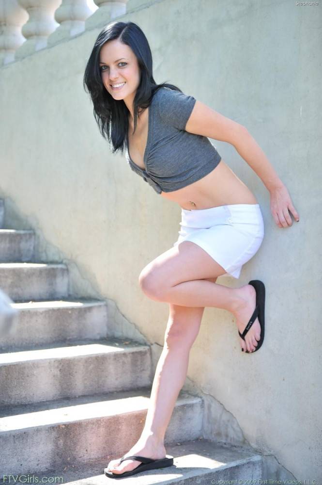 Wonderful Raven Haired Teen Stephanie FTV In White Mini-skirt Shows Her Shaved Snatch Outdoors - #8