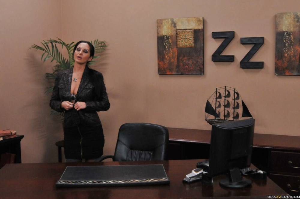 Enchanting french milf Ava Addams exposing big hooters and masturbating in office - #14