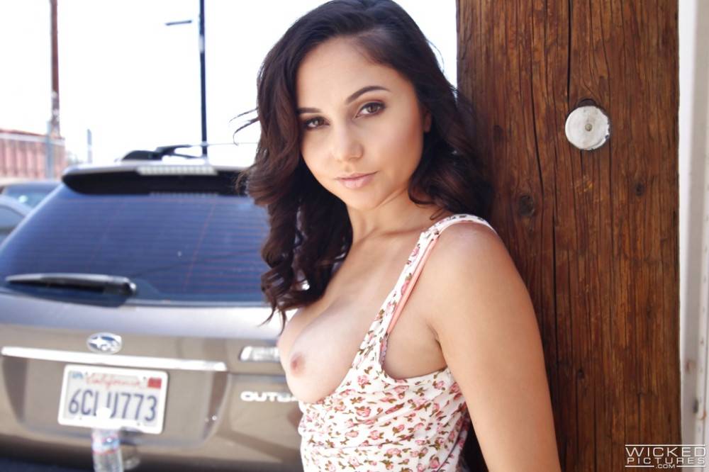 Hot american bombshell Ariana Marie in fancy shorts reveals tiny tits and spreads her legs outdoor - #9