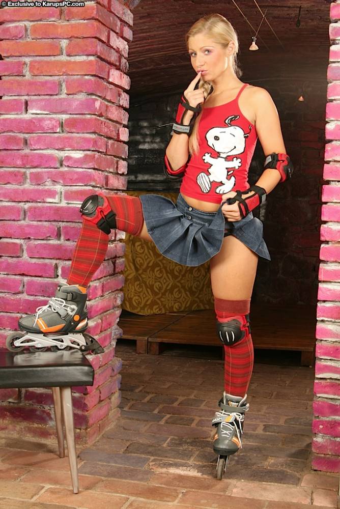 Naughty Roller Girl Candy Blond In Red Knee High Socks Strips And Spreads Her Pussy - #1