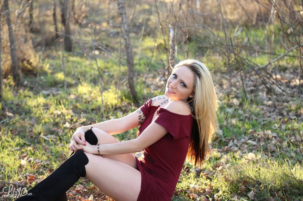 Gorgeous Hot Blonde Lily Xo Shows Her Posing Skills As She Teases In Her Red Dress Outdoor - #1