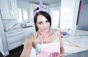 Teen babe with tiny tits Megan Sage touches herself with toys in the kitchen on nudepicso.com