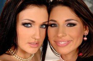 Brunette lesbians Zafira & Aletta Ocean pleasure each other with a sex toy on nudepicso.com