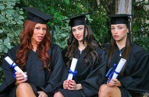 Three hot babes celebrating college graduation with lesbian sex on nudepicso.com