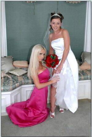 Busty blonde Nikki Benz helping Penny Flame to try on wedding dress on nudepicso.com