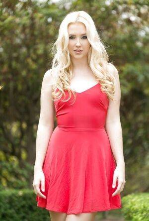 Amateur teen babe Samantha Rone posing outdoors in summer dress on nudepicso.com