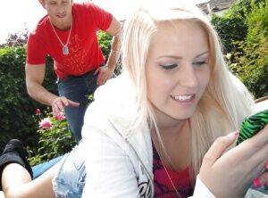 Blonde teenager Vanessa Cage screwing large dick in backyard by swimming pool on nudepicso.com