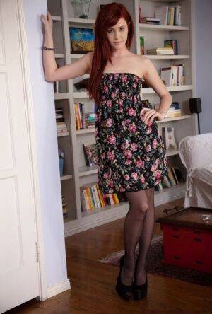 Redhead Elle Alexandra strips to a garter belt and nylons while home alone on nudepicso.com
