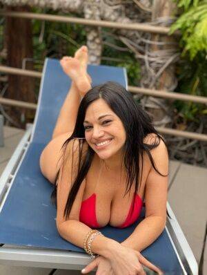 Curvy Latina chick Mona Azar models a bikini before an ass licking blowjob on nudepicso.com