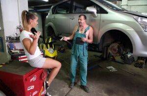 Sweet teen seduces the old mechanic to pay for her car repairs on nudepicso.com