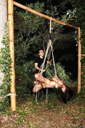 Asian BDSM feminine Marica Hase is tied up in forest by rude male on nudepicso.com