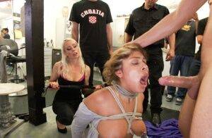 Horny slut dragged into a crowded salon filled with hot models Whore gets on nudepicso.com