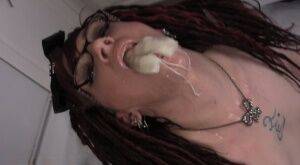 Brunette slut sucking cotton dipped in bowl of pissed on nudepicso.com