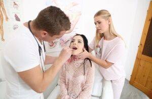 Dark haired teen has a hardcore threesome with a doctor and nurse on nudepicso.com