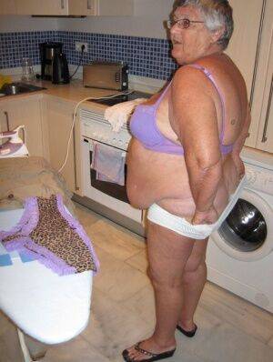 Overweight British oma Grandma Libby exposes her boobs while ironing - Britain on nudepicso.com