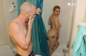 Naked girl Nadia White pleasures her guy's cock while taking a shower on nudepicso.com