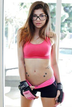 Babe in glasses Ava Taylor shows her sporty shame on camera! on nudepicso.com