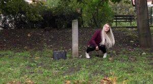 Dirty blonde female can't hold her pee any longer and pisses in public park on nudepicso.com