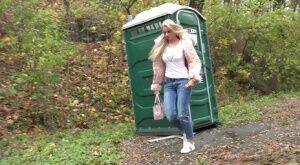 Blonde Katy Sky has to drop her jeans & pee in public because of locked toilet on nudepicso.com