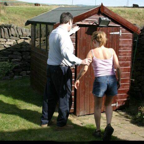 Caucasian girl is taken into a shed for a much-needed spanking on nudepicso.com