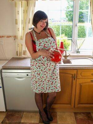 Fat amateur Roxy exposes her huge breasts in her pretties and a kitchen apron on nudepicso.com