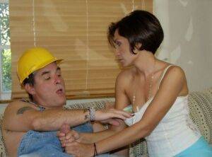 Horny Tina seduces the workman into steamy afternoon groupsex with a handjob on nudepicso.com
