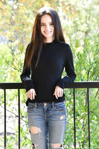 Stunning american brunette teen Lana Adams in jeans exhibiting tiny tits and spreading her legs outdoor - Usa on nudepicso.com