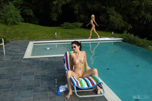 Sexy cuties Ann Marie La Sante and Blue Angel in glasses enjoy lesbian fisting near the pool on nudepicso.com
