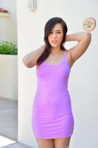 Dark Haired Hottie In Sexy Pink Dress Anastasia Black Shows Her Slit Outdoor on nudepicso.com