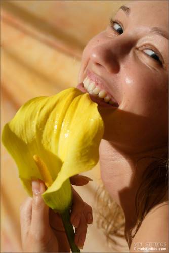 Masha P Is Lying On Silk Sheet And Gently Fondling Her Smooth Body With Yellow Flower on nudepicso.com