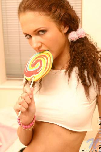 Skinny Teenie Miss Taylor Nubiles Licks Massive Lollipop And Gets Undressed on nudepicso.com