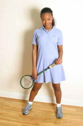 Black Hottie Robyn S In Blue Tennis Outfit Shows Her Perky Tits And Tight Buttocks on nudepicso.com