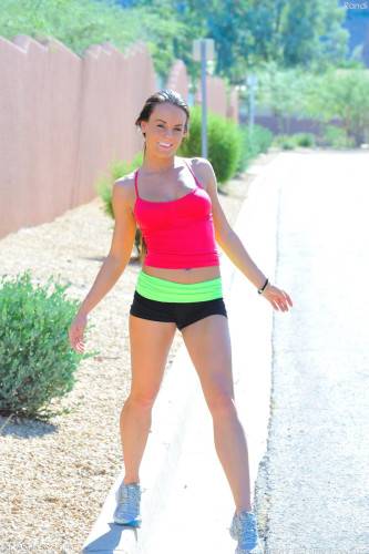 Sporty Brunette Babe Rahyndee James Strips Outdoors And Teases In The Middle Of The Road on nudepicso.com
