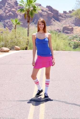 Teen Girl Holly FTV In Blue Top And Pink Skirt Flashes Her Tits And Pussy By The Road on nudepicso.com