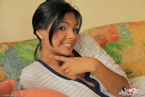 Raven Haired Latina Karla Spice Strips Down To Her Panties And Shows Off Her Tiny Bottom on nudepicso.com